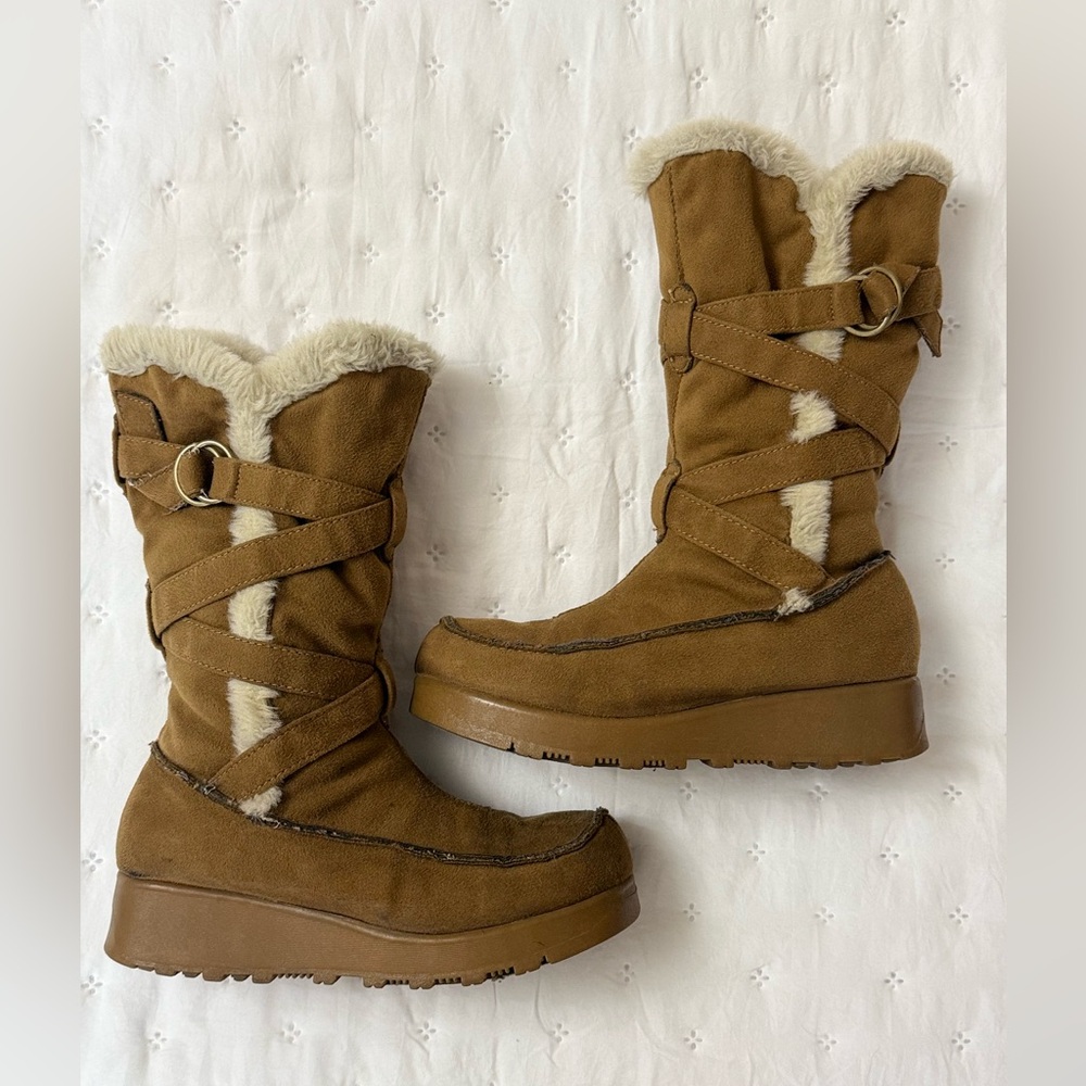 Vintage 90s No Boundaries Platform Boots Size 7 Fur Trimmed Strappy Fall Rare - Picture 2 of 16